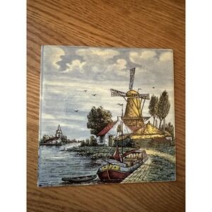 Vintage Delft Handpainted Ceramic Tile Dutch Windmill Canal Holland 6"